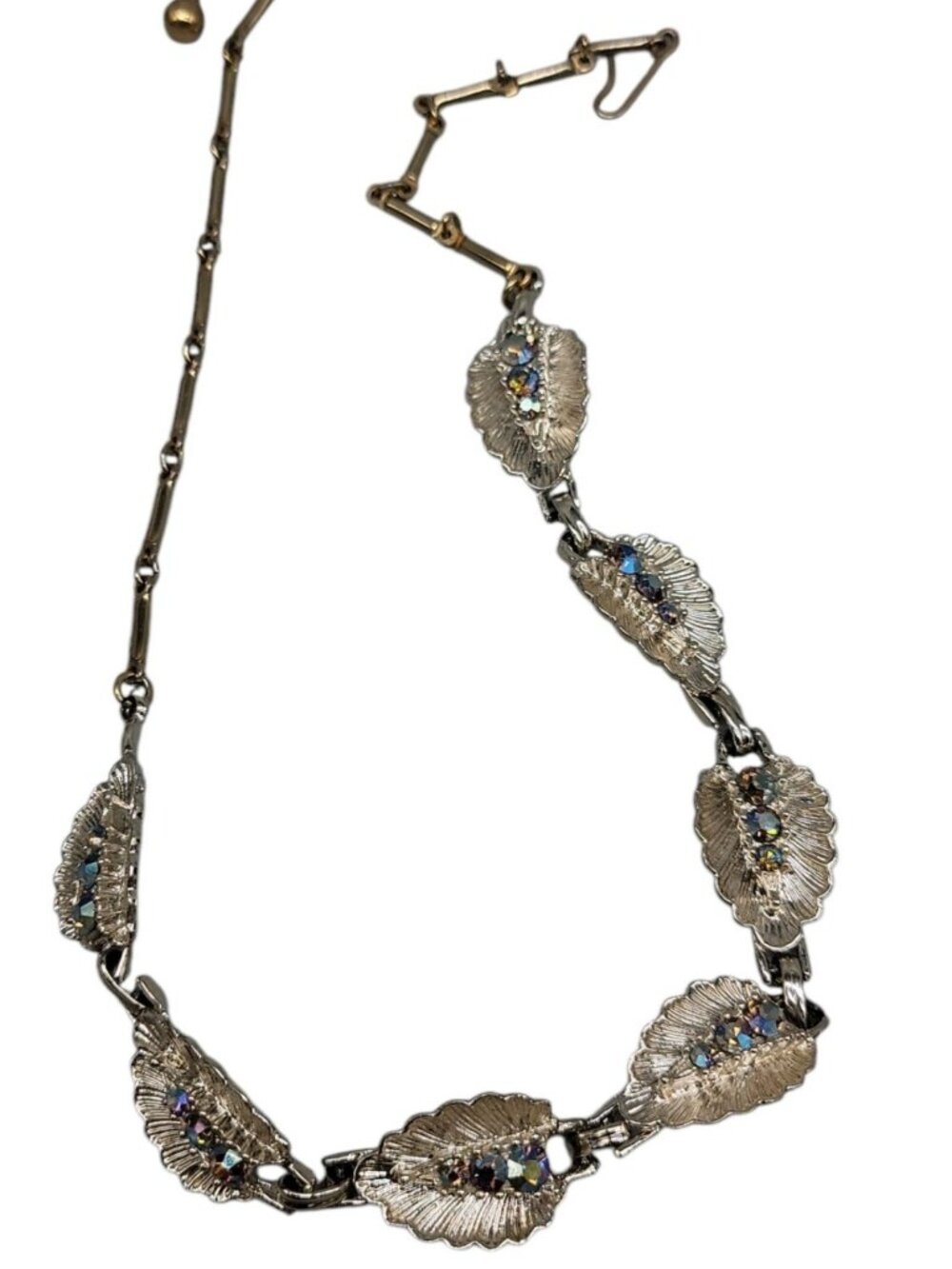 Vintage Princess Pride Creations Leaf Necklace AB Rhinestones Silver Tone 18"